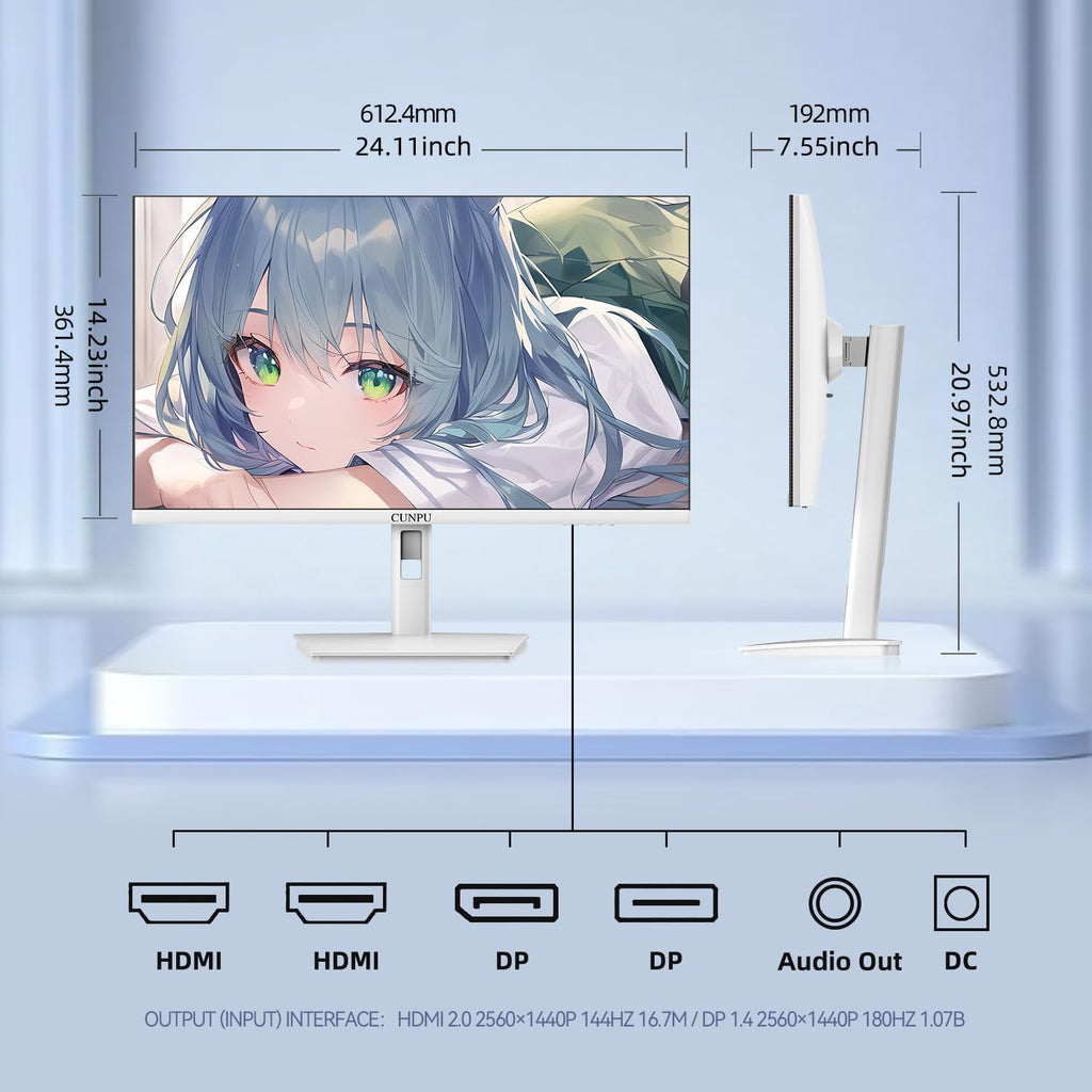 CUNPU 27 Inch White 180/200Hz Gaming Monitor, QHD 2560x1440 Fast IPS PC Monitor, Adaptive Sync, 100% sRGB, HDR10, Built-in Speaker, Height/Swivel/Tilt/Rotating Adjustable Stand, HDMI, Displayport