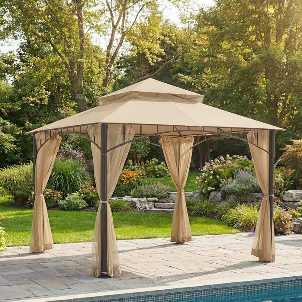 Garden Winds Reinforced RipLock 350 Replacement Canopy Top Cover Compatible with Summer Veranda 10 ' x 10' Gazebo Models L-GZ093PST, G-GZ093PST, TGZ093 - Beige