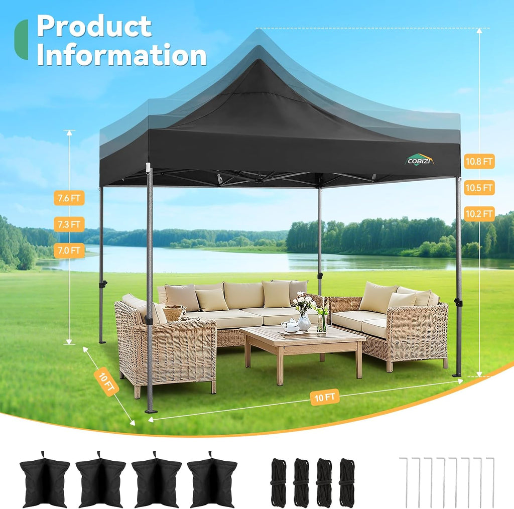 COBIZI 10x10 Heavy Duty Pop Up Canopy Tent with 4 Sidewalls Thicken Frame, Commercial Easy Up Outdoor Wedding Party Tents, All Season Waterproof Windproof with Stakes Sandbags Ropes Roller Bag, Black