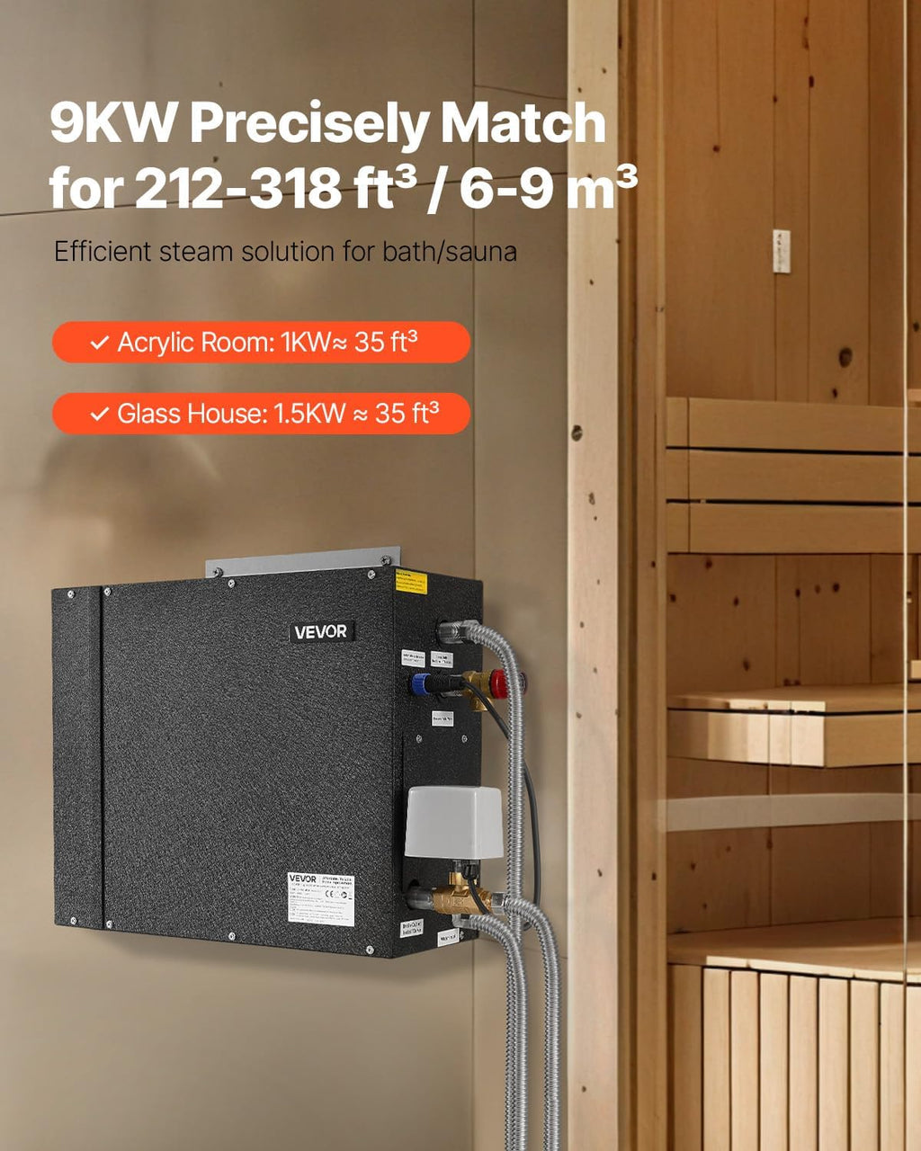 VEVOR Steam Generator, 9 kW Steam Shower System with Controller for Home Sauna & Spa, Commercial Auto Drain Kit with Overheat, Dry-Run & Overpressure Protection, 10min to 24h Timer, Black