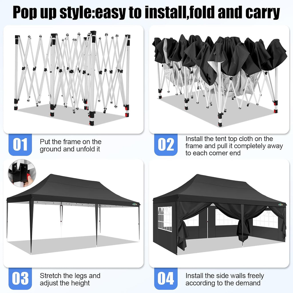 COBIZI 10x20 Pop Up Canopy with 6 Sidewall, Commercial Canopy UPF 50+ Waterproof Outdoor Gazebo with Carry Bag, Tents for Parties with Upgrade Frame, 3 Height Adjustable, Black