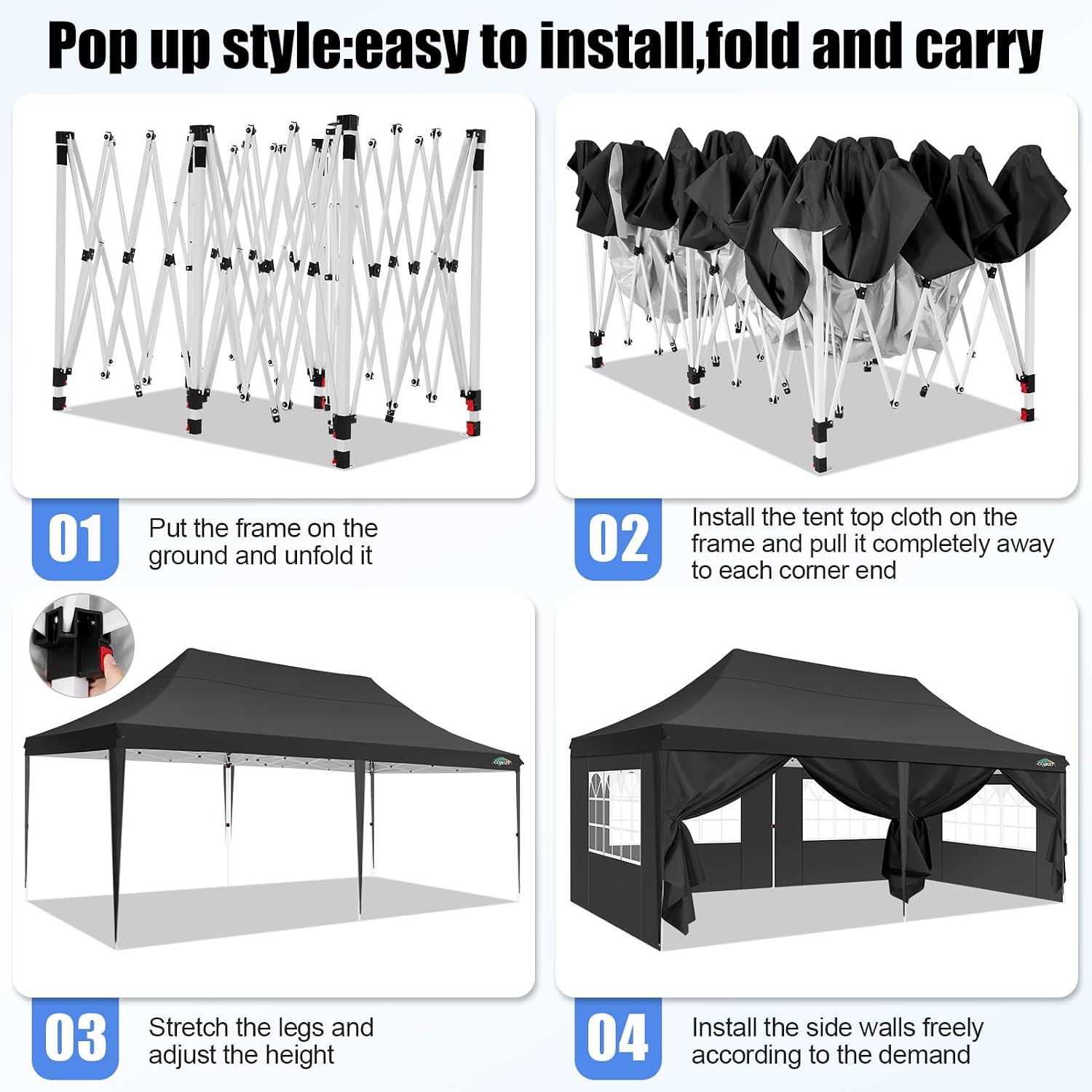 COBIZI 10x20 Pop Up Canopy with 6 Sidewall, Commercial Canopy UPF 50+ Waterproof Outdoor Gazebo with Carry Bag, Tents for Parties with Upgrade Frame, 3 Height Adjustable, Black