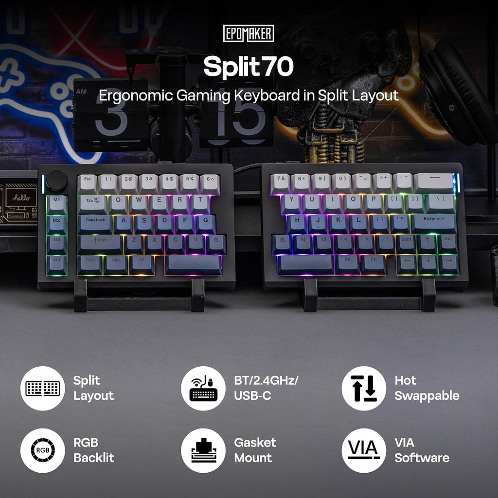 EPOMAKER Split70 Wireless Ergonomic Keyboard with QMK/VIA and Knob, Mechanical Gaming Keyboard with RGB, Hot-Swap, Creamy Linear Switch, PBT Keycap, Mac Modifier, Gasket, 70% Split Layout (Black)