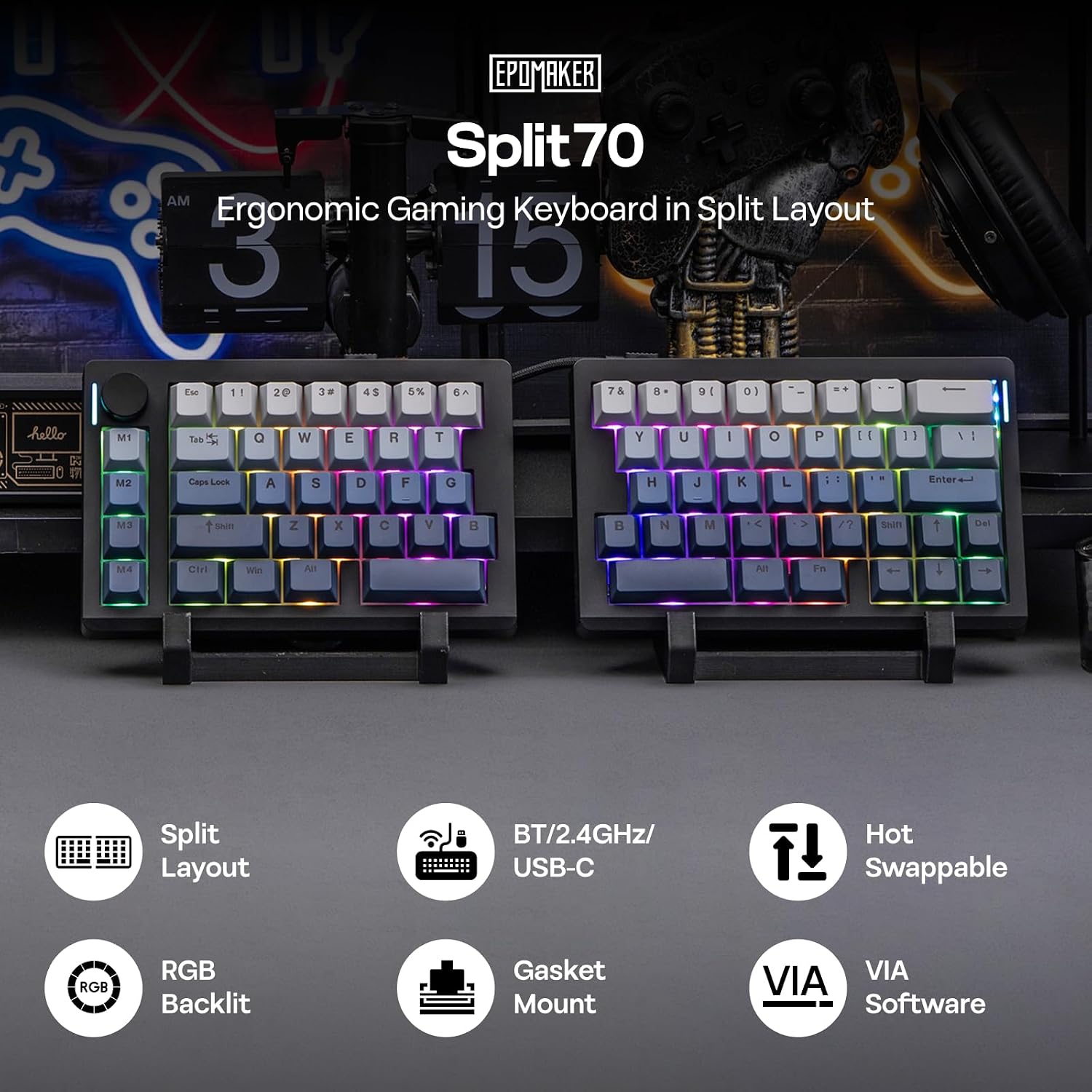 EPOMAKER Split70 Wireless Ergonomic Keyboard with QMK/VIA and Knob, Mechanical Gaming Keyboard with RGB, Hot-Swap, Creamy Linear Switch, PBT Keycap, Mac Modifier, Gasket, 70% Split Layout (Black)