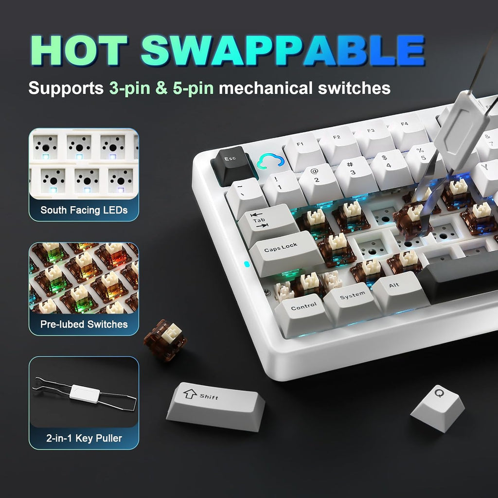 YUNZII AL98 QMK/VIA Wireless Mechanical Gaming Keyboard,Full Aluminum,BT/2.4G/USB-C, Pre-Lubed Hot Swappable Gasket Mount 1800 Layout,RGB Backlit for Win/Mac (White, Cocoa Cream V2 Switch)