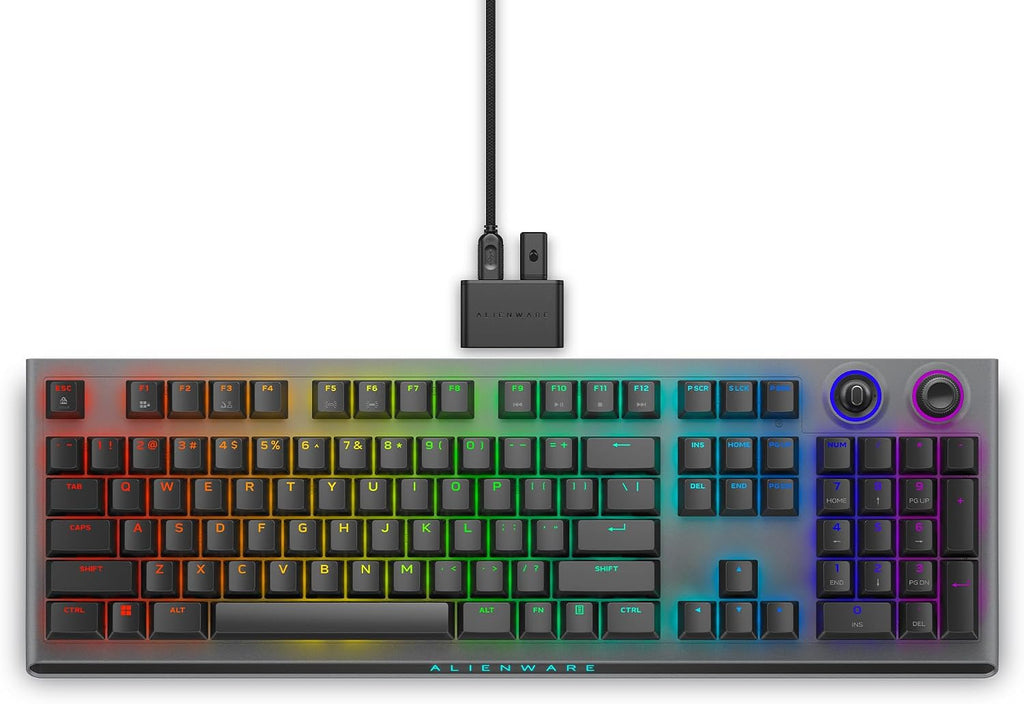 Alienware AW920K Tri-Mode Wireless Gaming Keyboard - Rechargeable, Wireless/Wired, Magnetic Snap-on Charging, Programmable Rocker Switch and Dial, AlienFX per-Key RGB - Dark Side of The Moon