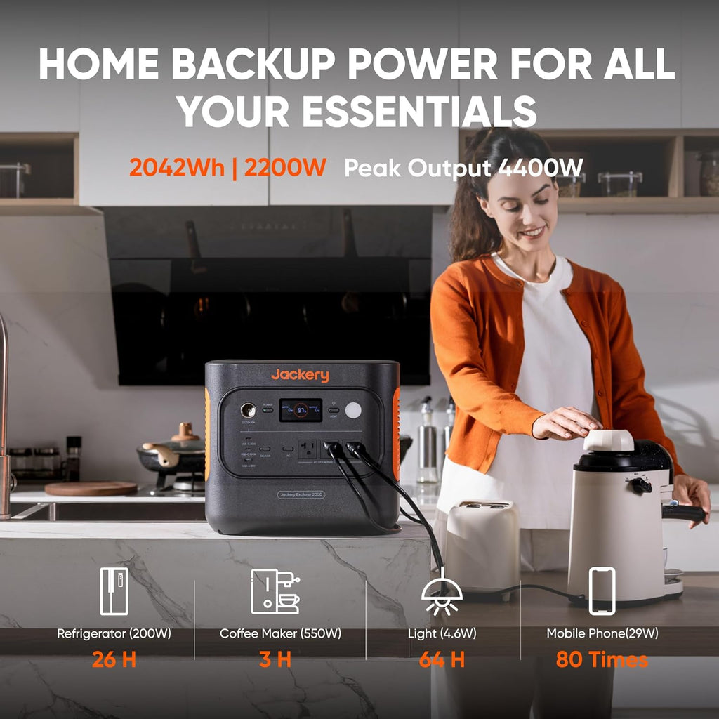 Jackery Explorer 2000 v2 Portable Power Station with 2x200W Solar Panels, 2042Wh LiFePo4 Battery, 2200W Solar Generator, 20ms UPS, USB-C PD 100W Fast Charging for Power Outages, Emergencies, Camping