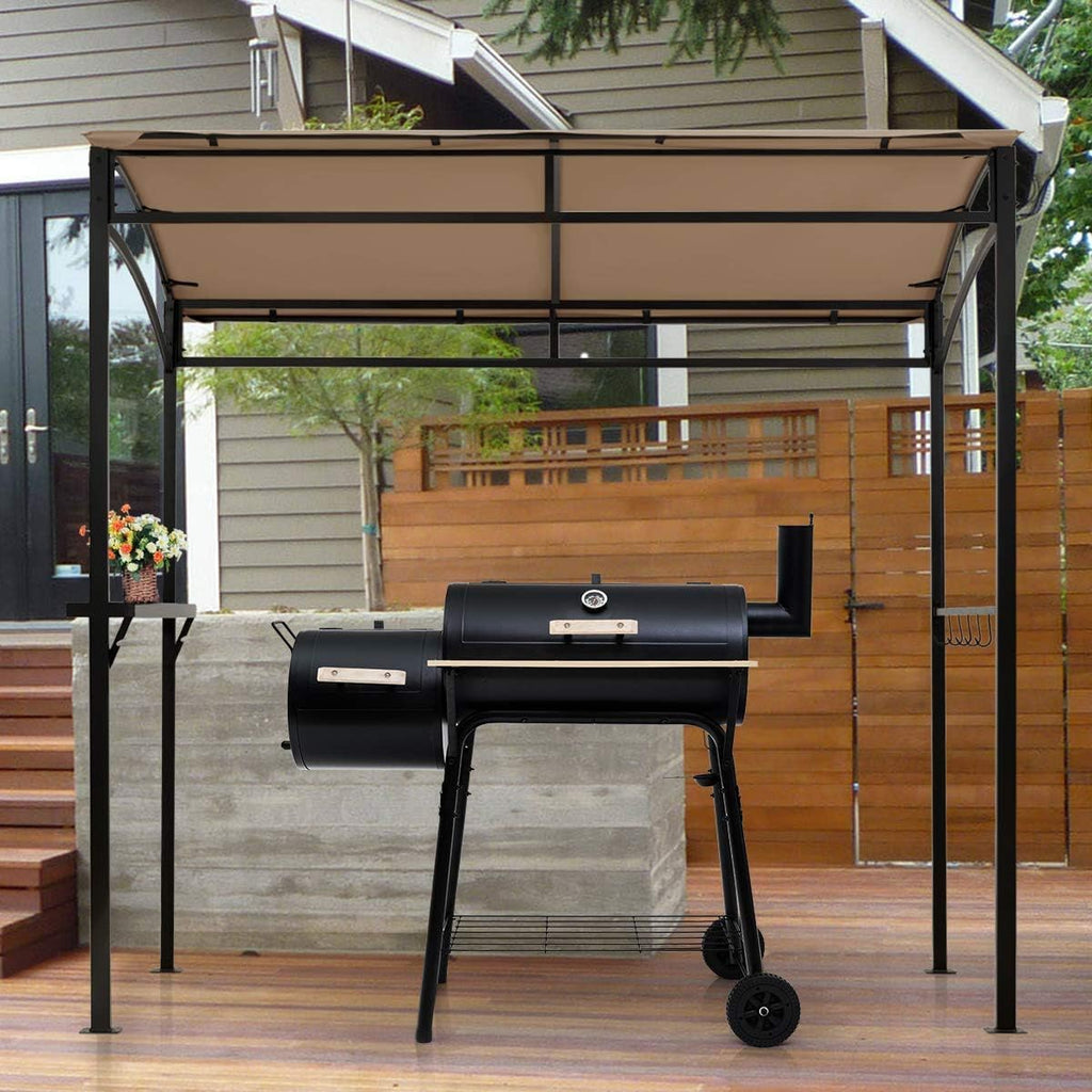 Moccha 7x4.4ft Grill Gazebo, Outdoor BBQ Gazebo with Storage Shelf, Hanging Hooks, Beer Opening Setting, Heavy-Duty Metal Frame, Grill Canopy Tent Sunshade Awning for Backyard, Patio, Garden, Brown