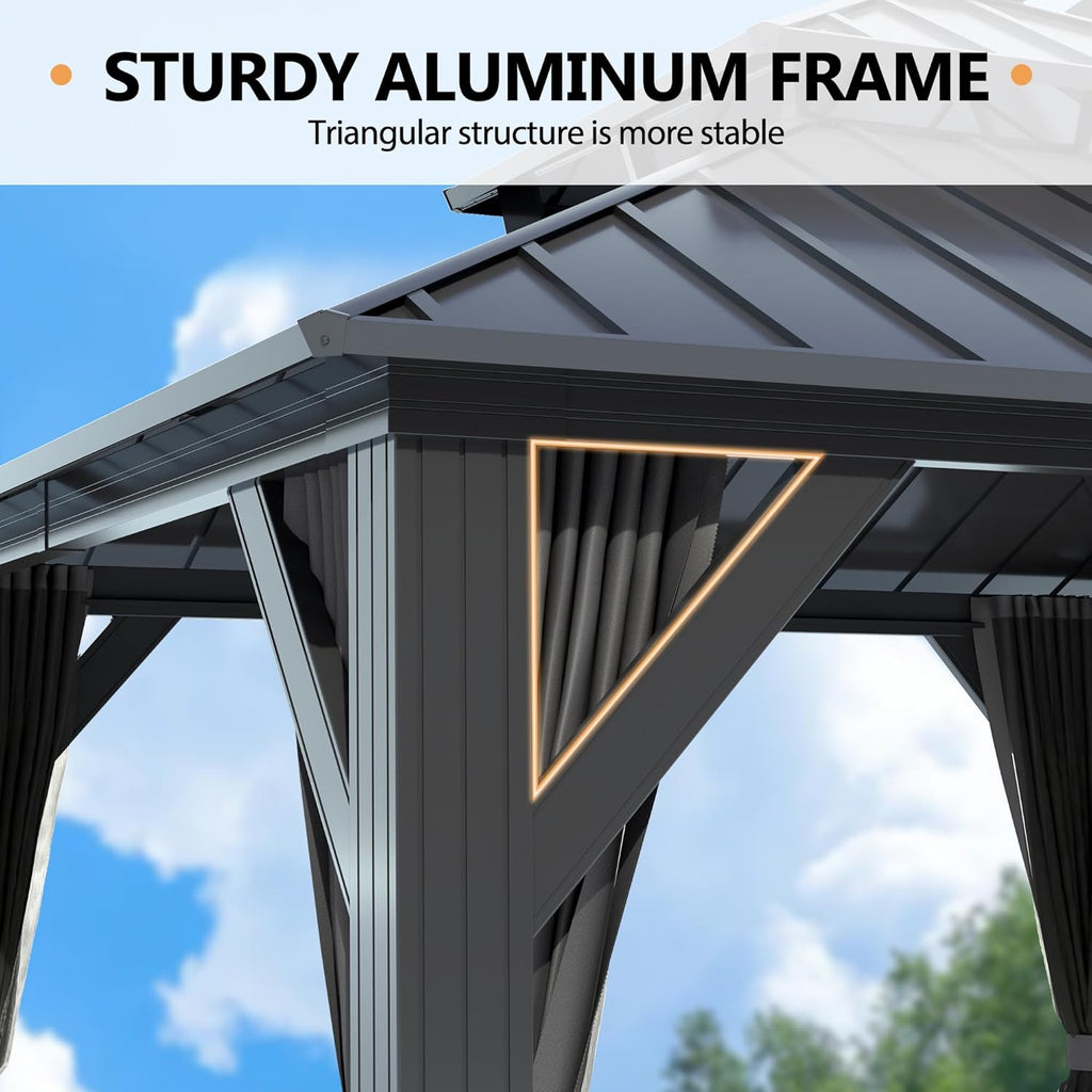 12'x12' Hardtop Gazebo, Outdoor Double Roof Galvanized Steel Gazebo, Aluminum Frame Permanent Pavilion with Curtains & Netting for Backyard, Patio, Deck (12x12)
