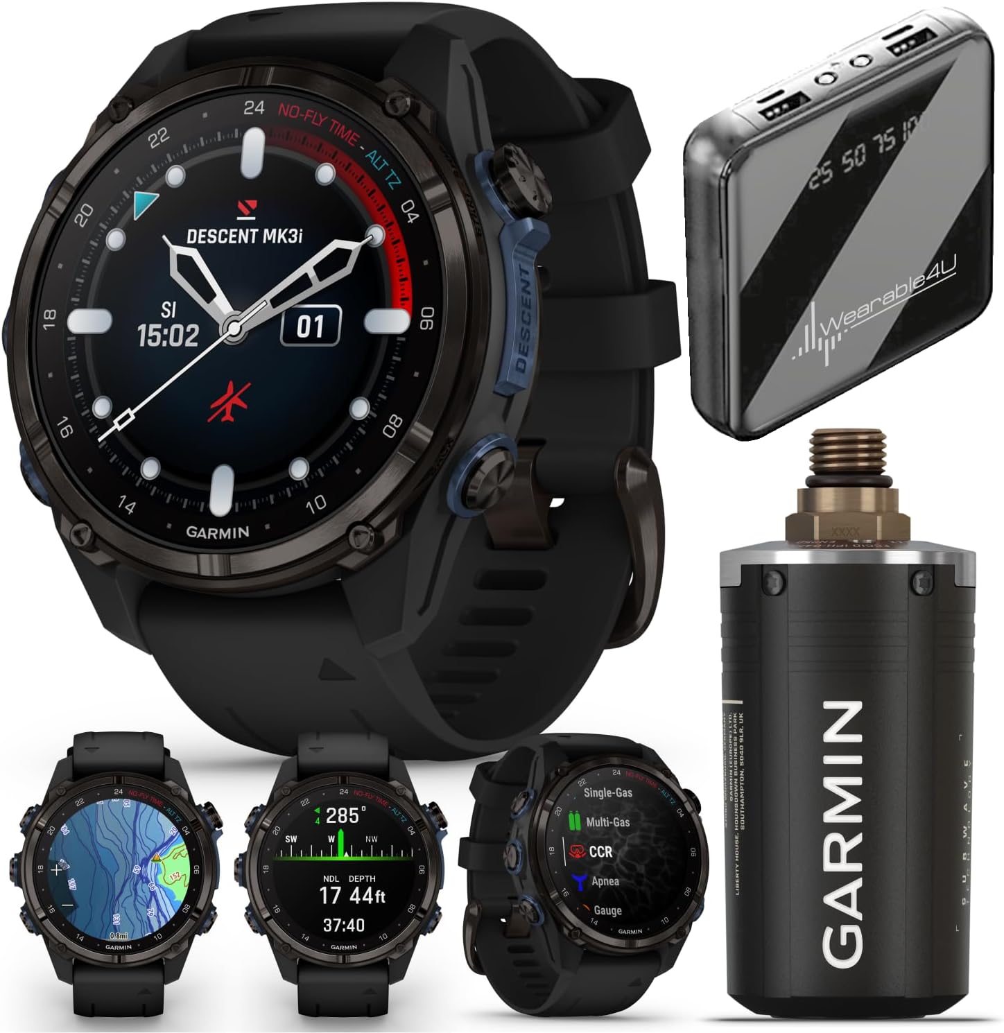 Garmin Descent Mk3i 43 mm w/T2 Transceiver: Titanium Dive Computer +Extra-Long Strap | Up to 25 Days Battery Life, AMOLED Display, GPS Smartwatch Gift Bundle (010-02753-10)