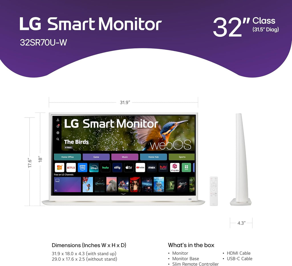 LG 32SR70U-W 32-Inch 4K UHD Smart Monitor with IPS Display webOS 23 USB Type-C Speakers x2 HDR 10 AirPlay 2 Screen Share Bluetooth Remote - White