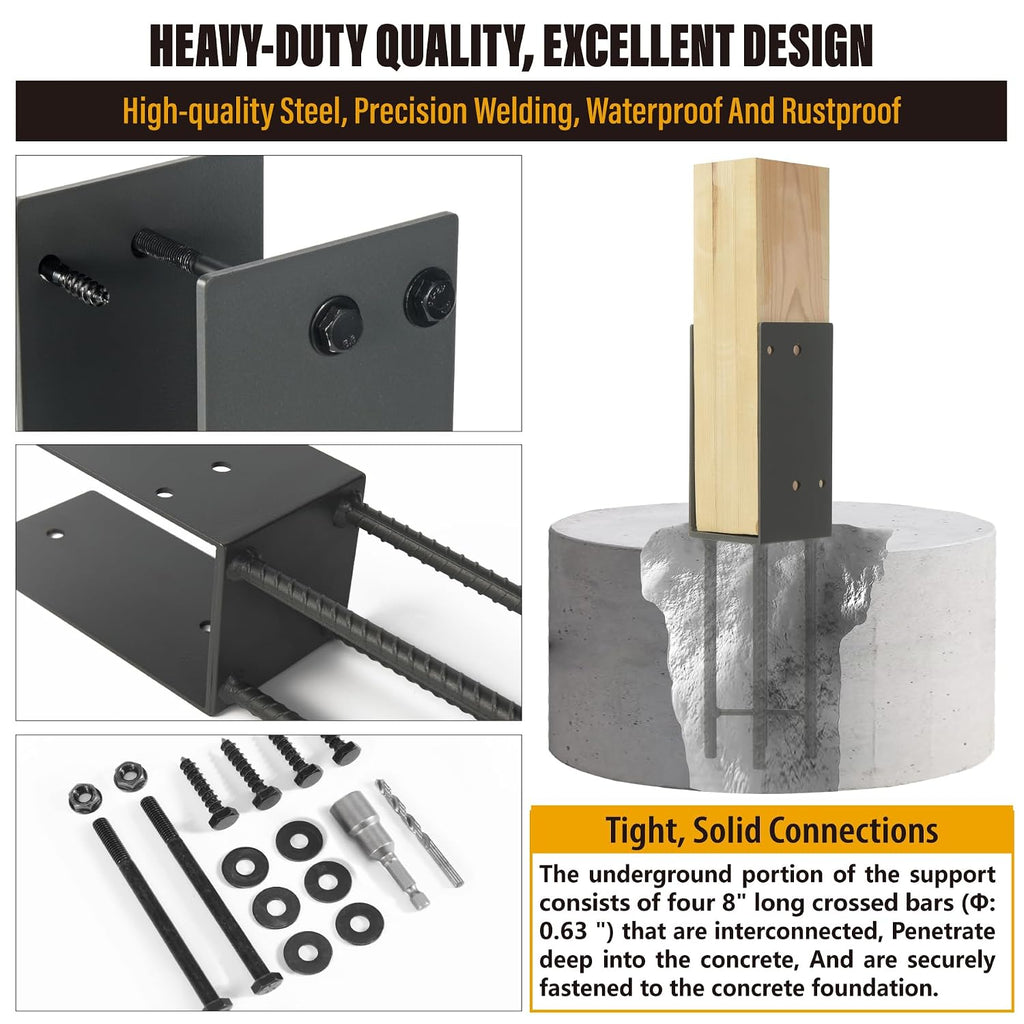 4'x4' Stainless Steels U-Shape Post Holder, Wet Concrete Post Anchor, Heavy-Duty Post Base Bracket for Fence, Deck Railing, Wood Gazebo, Pergola (8pack-Dark Gray)