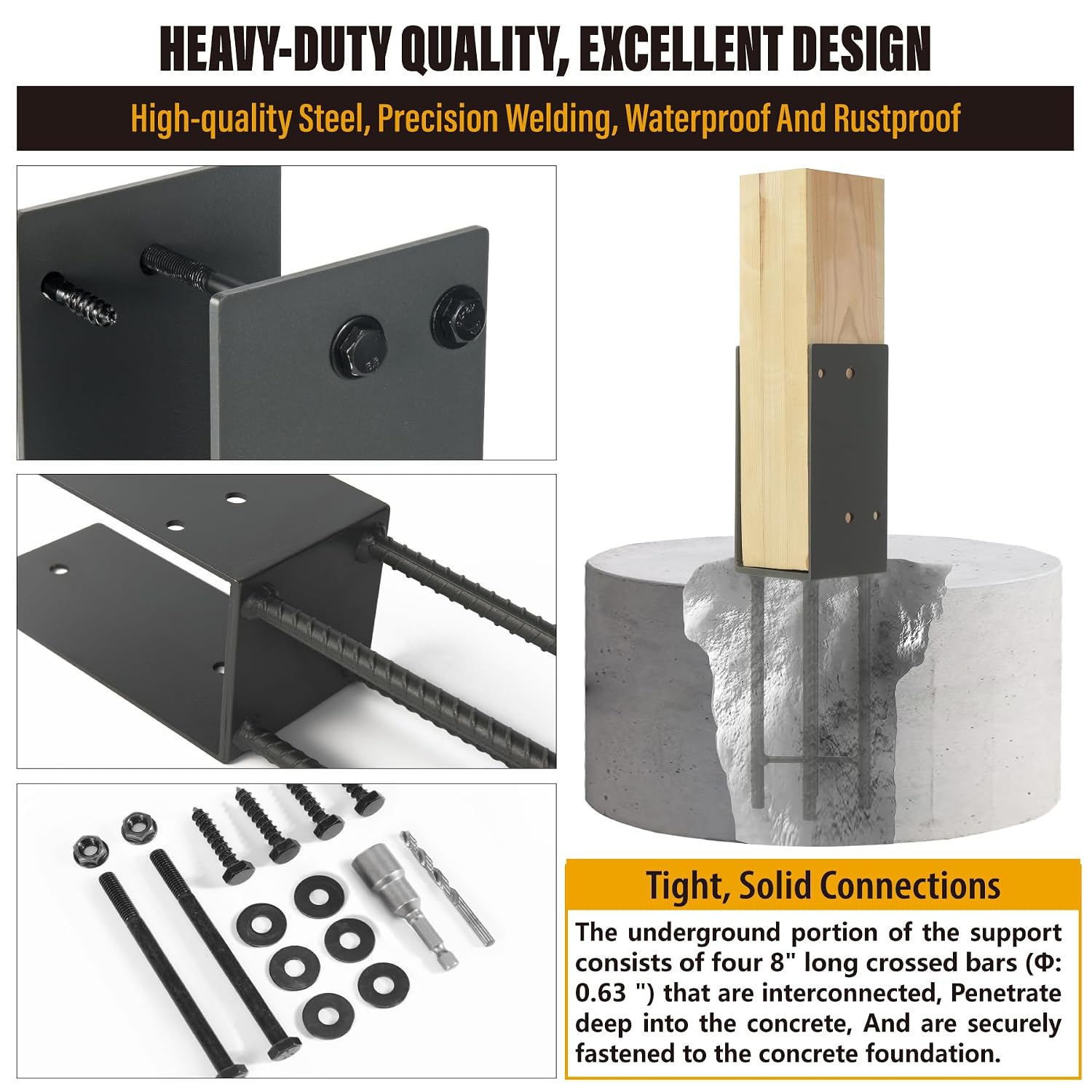 4'x4' Stainless Steels U-Shape Post Holder, Wet Concrete Post Anchor, Heavy-Duty Post Base Bracket for Fence, Deck Railing, Wood Gazebo, Pergola (8pack-Dark Gray)