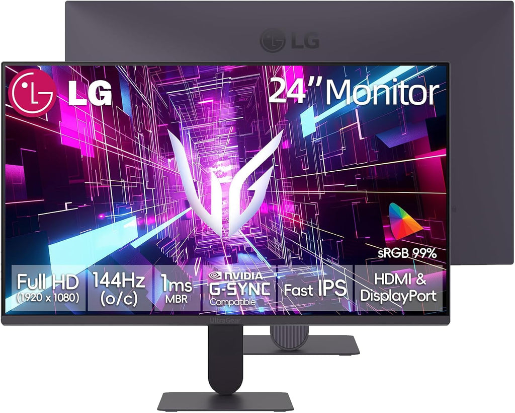 LG 24 inch Ultragear Gaming Monitor, FHD IPS Display, 144Hz Overclock, 1ms MBR, HDR10, 99% sRGB, NVIDIA G-SYNC Compatible & AMD FreeSync, Black Stabilizer, HDMI, DisplayPort, VESA Mountable, Tilt