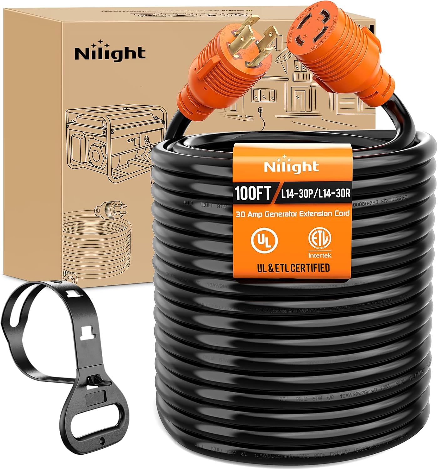 Nilight 30 Amp 100FT Generator Extension Cord 125/250V 7500 Watt Heavy Duty 10 Gauge Pure Copper STW Wire ETL Listed 4 Prong L14-30P L14-30R Cable for RV Camper Outdoor Use