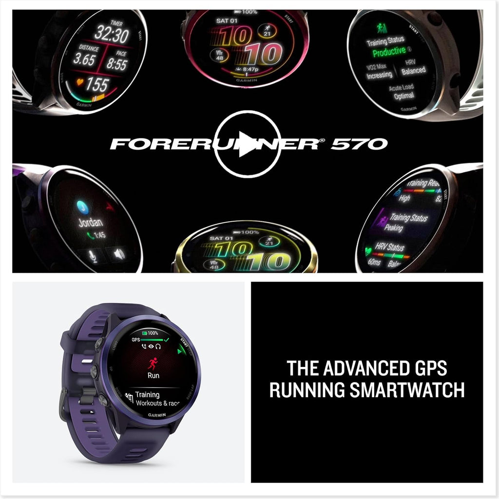 Garmin Forerunner 570 Advanced GPS Running and Triathlon Smartwatch Bundle (47 mm, Indigo/Translucent Imperial Purple)