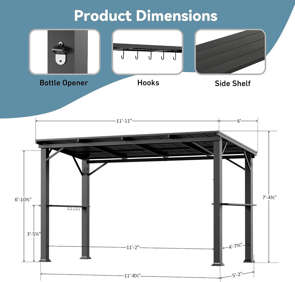 Big Leaf 6'x12' Hardtop Grill Shelter with Utility Shelf - Outdoor Cooking Gazebo Featuring Built-in Bottle Opener & Storage Hooks, Weather-Resistant Black BBQ Canopy for Patio/Garden, Black