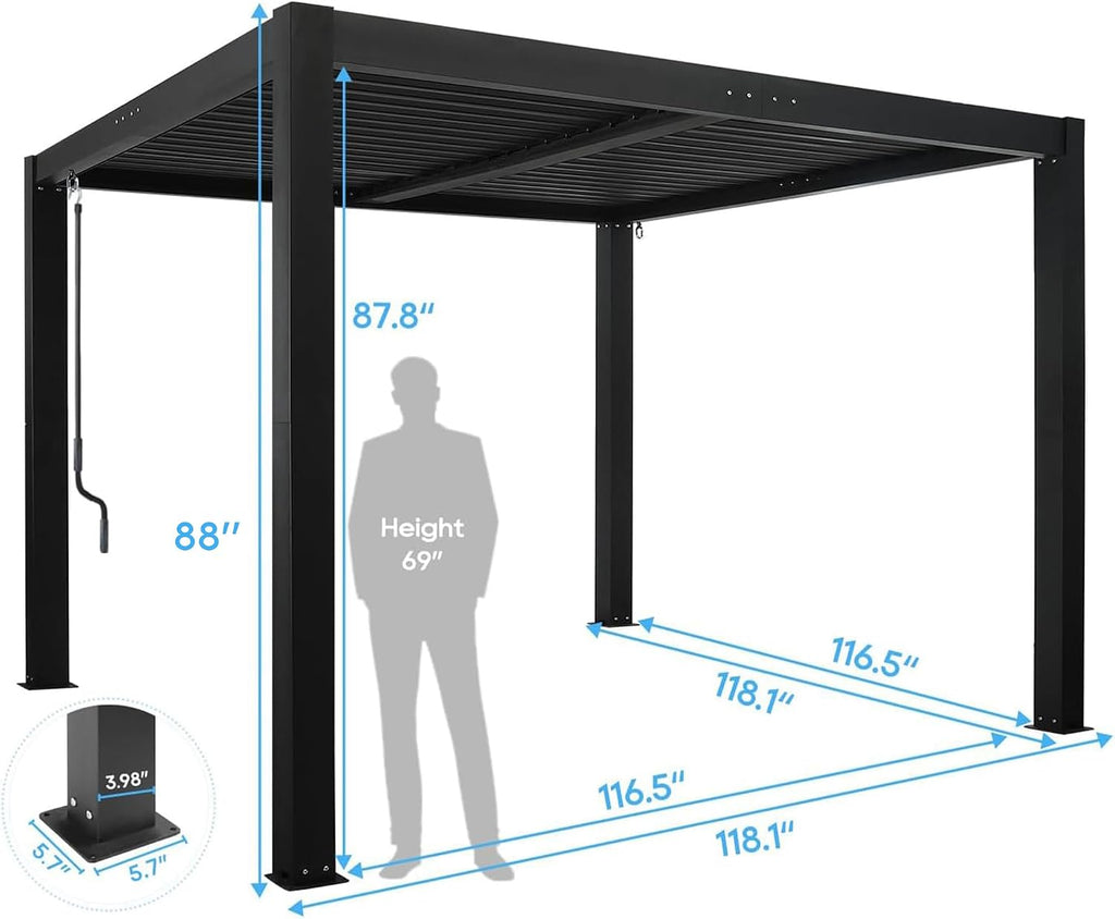 10'×10' Outdoor Louvered Pergola, Aluminum Outdoor Louvered Pergola Patio with Adjustable Roof for Outdoor Deck, Backyard, Garden (10x10FT)