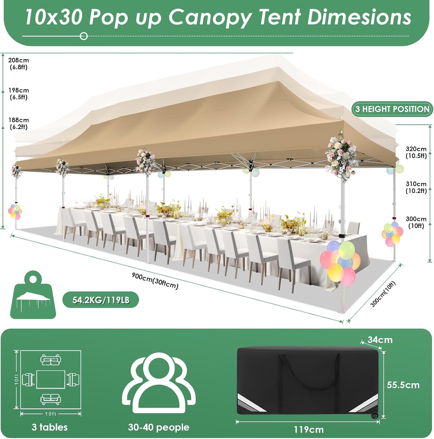 COBIZI 10x30 Pop Up Canopy Party Tents for Parties Waterproof Outdoor Event Shelter with 8 Sidewalls Camping Commercial Wedding Portable Easy to Set up Gazebo Tent for Backyard, Khaki