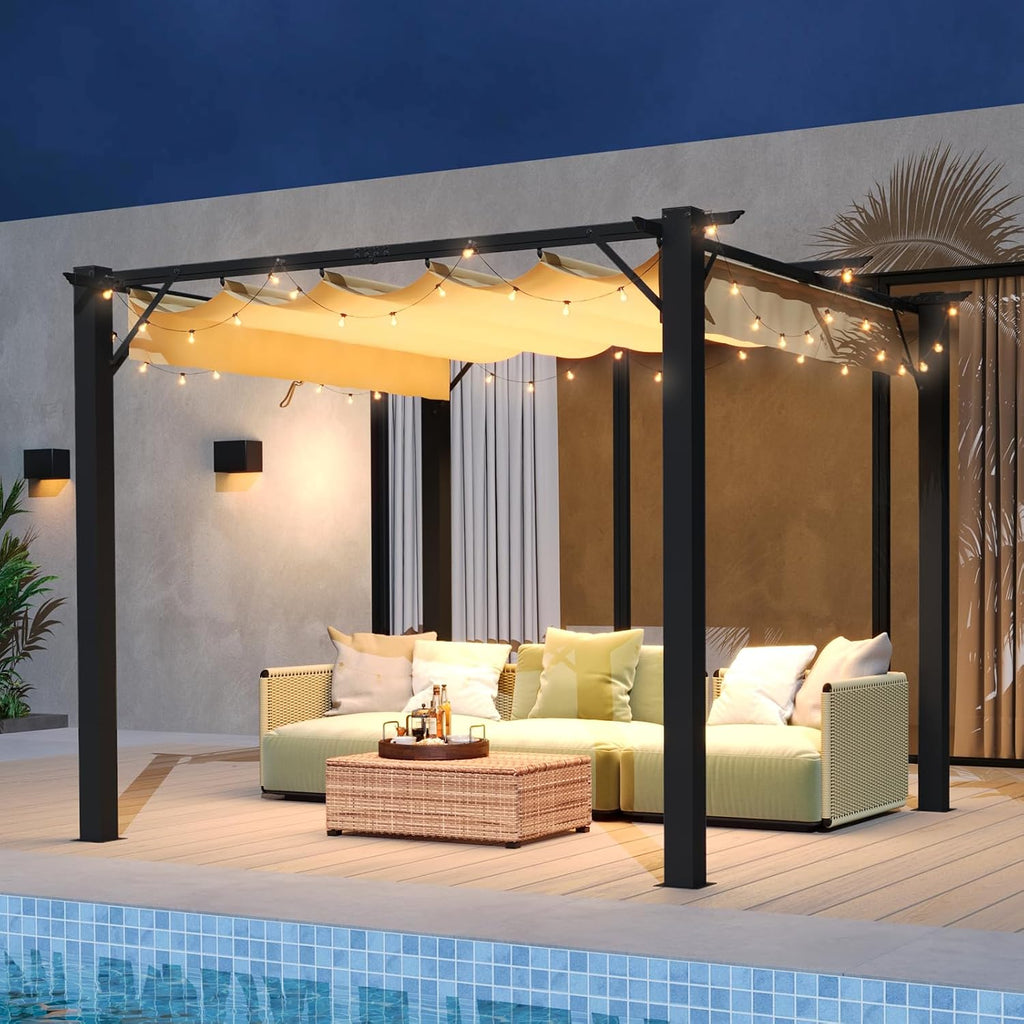 Aoxun 10'x12' Outdoor Retractable Pergola, Patio Pergola with Upgraded Retractable Canopy, Heavy Duty Metal Pergolas and Gazebos with Adjustable Sun Shade Cover for Modern Backyard, Deck, Garden