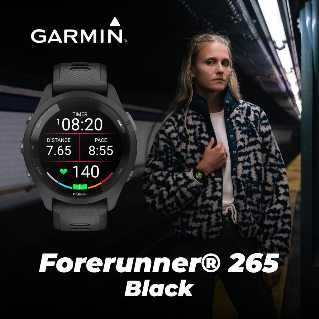 Garmin Forerunner 265 Music GPS Running 46 mm Smartwatch, Black with AMOLED 1.3 in Touchscreen Display White Earbuds Bundle, Black +Wht EarBuds