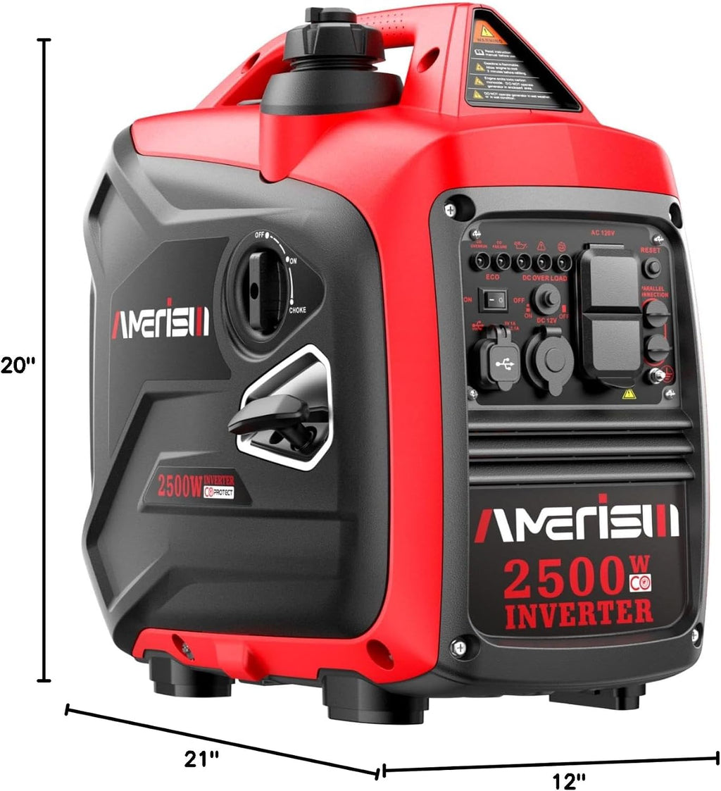 AMERISUN 2500W Portable Inverter Generator, Gas Powered Generator with CO Sensor, Super Quiet for Camping, Tailgating, Home Emergency Use, EPA Compliant