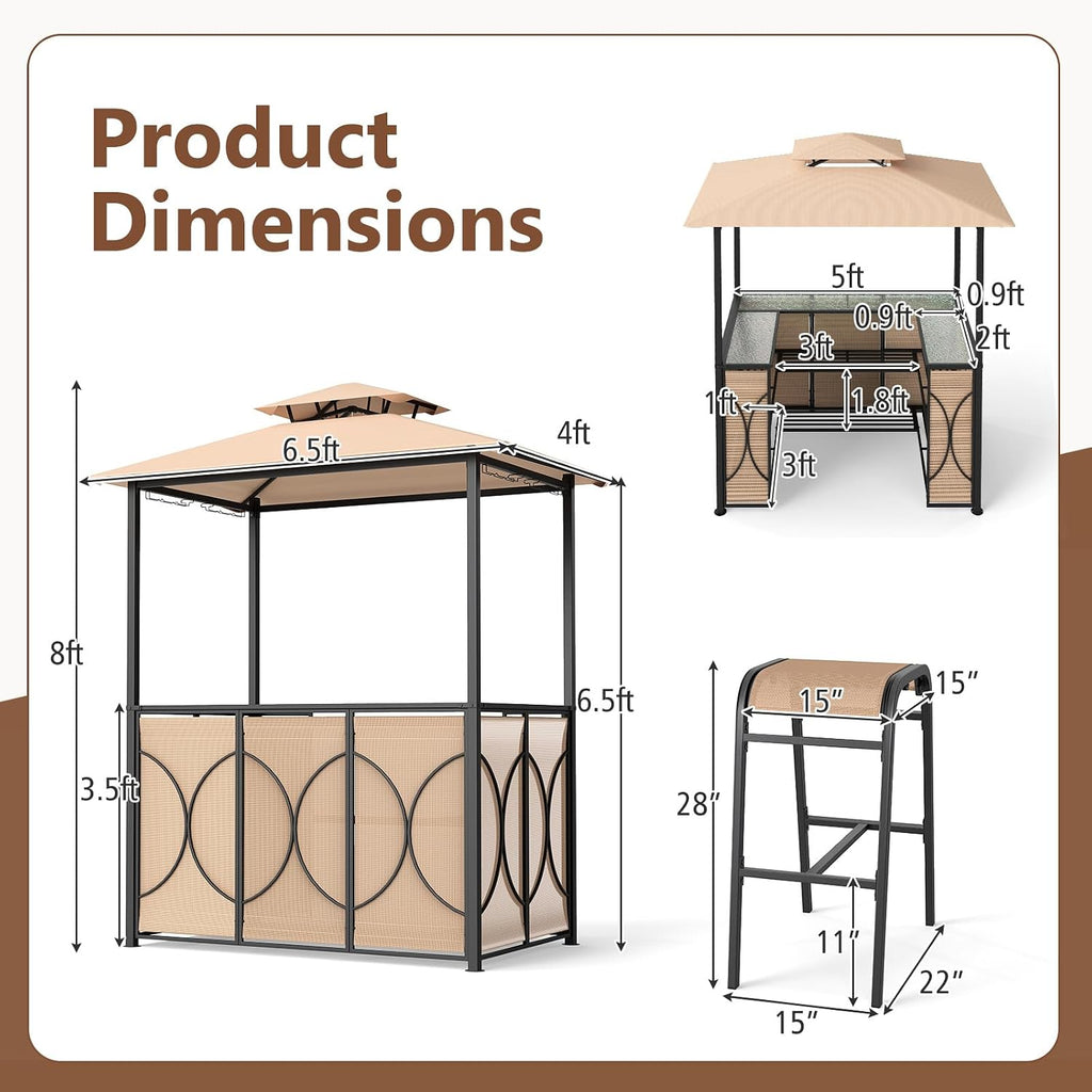 Tangkula 6.5 x 4 x 8 FT Grill Gazebo Set, 3-Piece Patio Bar Set with 2 Bar Stools, Tempered Glass Bar Table, 2-Tier Slatted Metal Shelves, Double Roof Design, BBQ Gazebo Shelter for Patio (Brown)