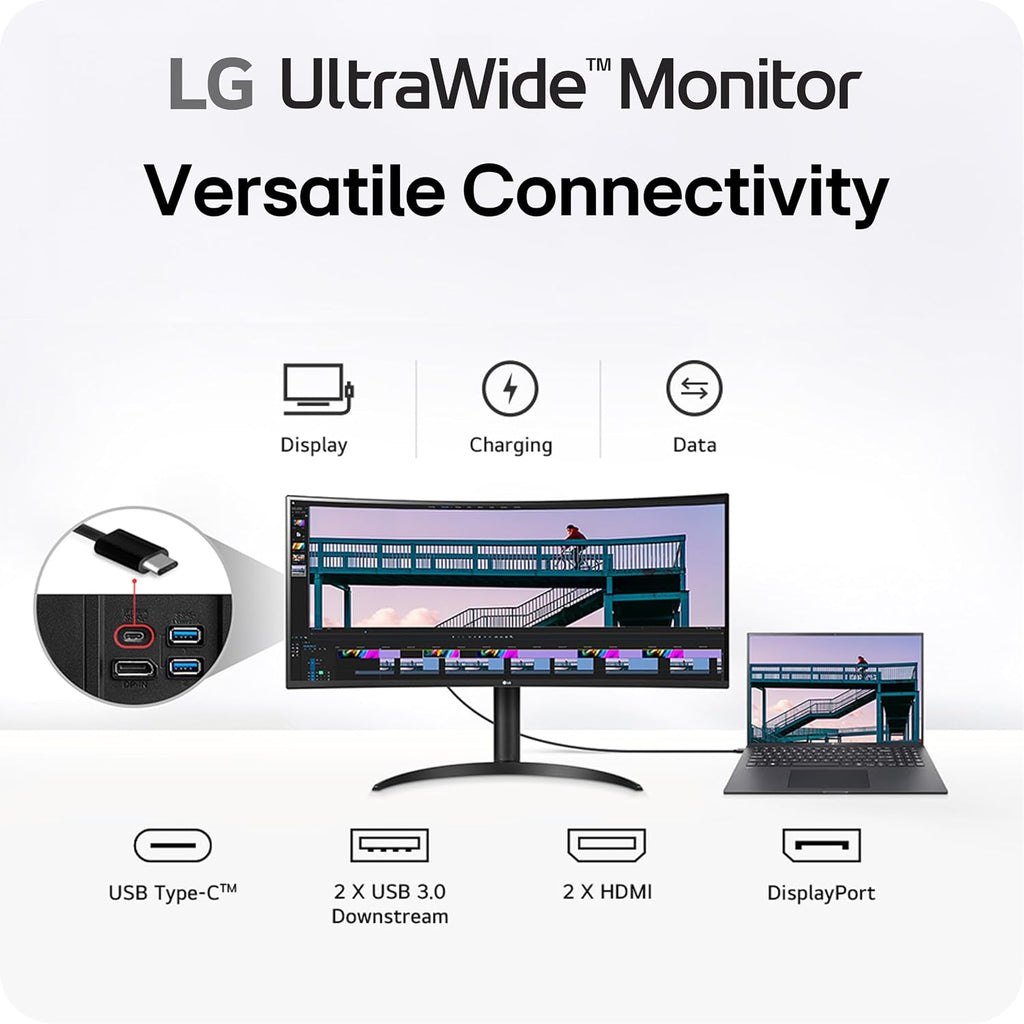 LG 34WR55QK-B 34-inch UltraWide WQHD (3440 x 1440) Curved Computer Monitor, 100Hz, 5ms, HDR10, Reader Mode, HDMI, DisplayPort, USB Type-C, Tilt/Height Adjustable Stand, Black