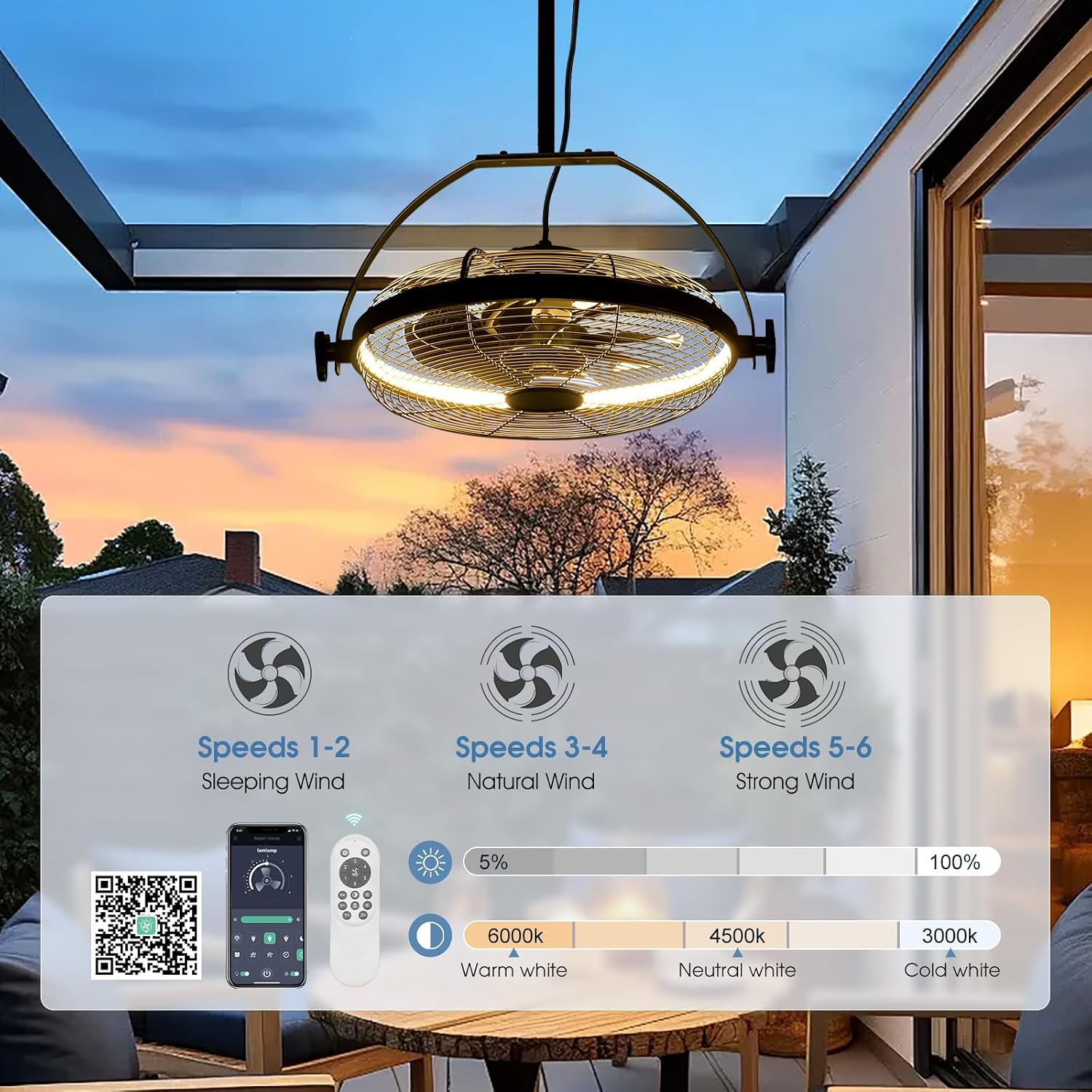 Gazebo Fans Outdoor Hanging Ceiling Fans with Lights,16' Portable Plug in Ceiling Fan,Multi-Angle Adjustable Floor Fans,Black Outdoor Ceiling Fans for Patios.