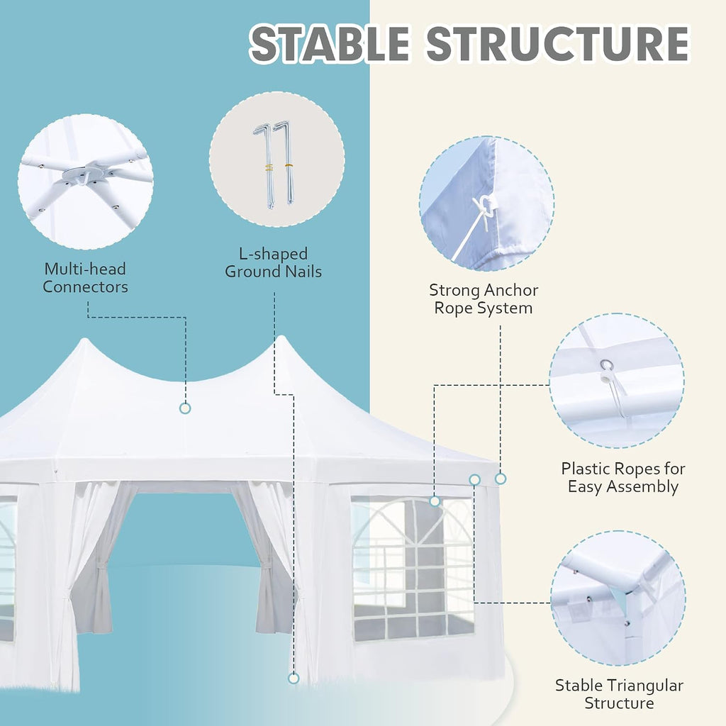 EROMMY 20'x15' Party Tent, White Wedding, Octagonal Heavy Duty Canopy with 6 Removable Sidewalls, 6 Church Windows and 2 Pull-Back Doors, Outdoor Gazebo Pavilion for Party, Wedding, Event