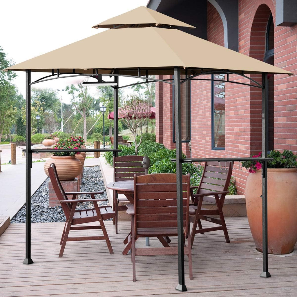 Tangkula 8' x 5' Grill Gazebo, Outdoor Patio Barbecue Gazebo Shelter with LED Lights, 2-Tier Canopy Top Cover Grill Gazebo with Sturdy Steel Frame, Ideal for Gatherings, Parties (Khaki)