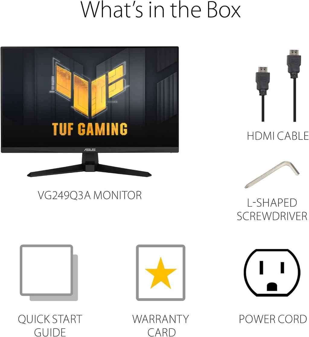 ASUS TUF Gaming 24' (23.8 inch viewable) 1080P Monitor (VG249Q3A) - Full HD, 180Hz, 1ms, Fast IPS, Extreme Low Motion Blur, FreeSync Premium, Speakers, DisplayPort, HDMI, Variable Overdrive, 99% sRGB
