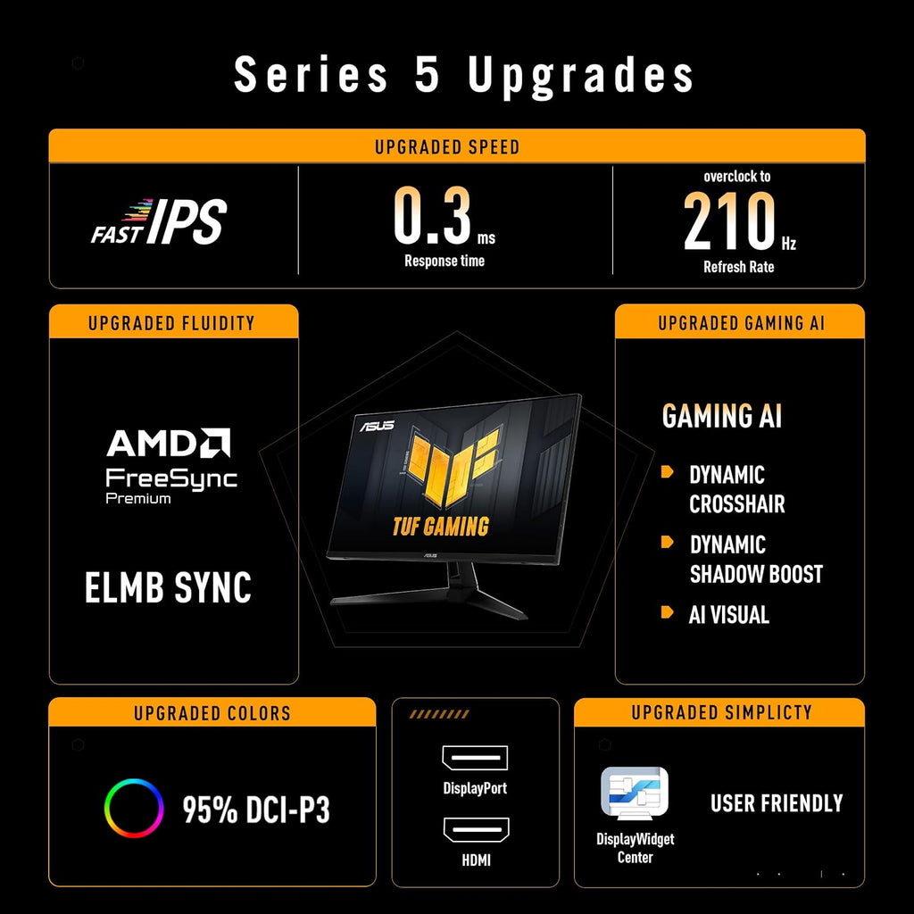ASUS TUF Gaming 27' 1440P Monitor (VG27AQL5A) – QHD (2560 x 1440), 210Hz, 0.3ms, Fast IPS, Extreme Low Motion Blur Sync, Speakers, DisplayWidget Center, Gaming AI, Height Adjustment, 3 yr Warranty