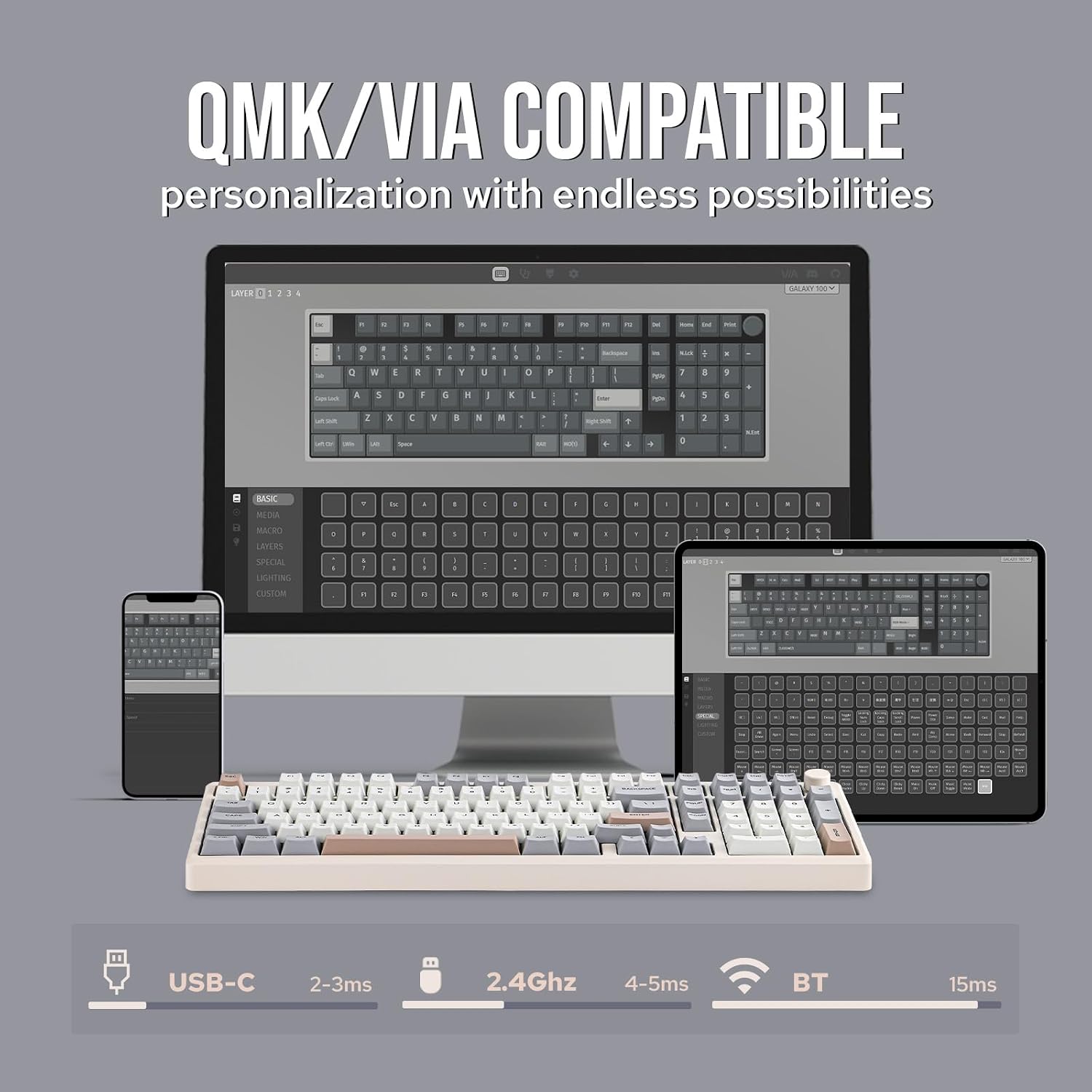 EPOMAKER Galaxy100 QMK/VIA Wireless Gaming Keyboard, Aluminum Shell, BT/2.4Ghz/USB-C, Pre-Lubed Hot-Swappable Linear Switches, NKRO, RGB Backlit (Creamy White, Marble White Switch)