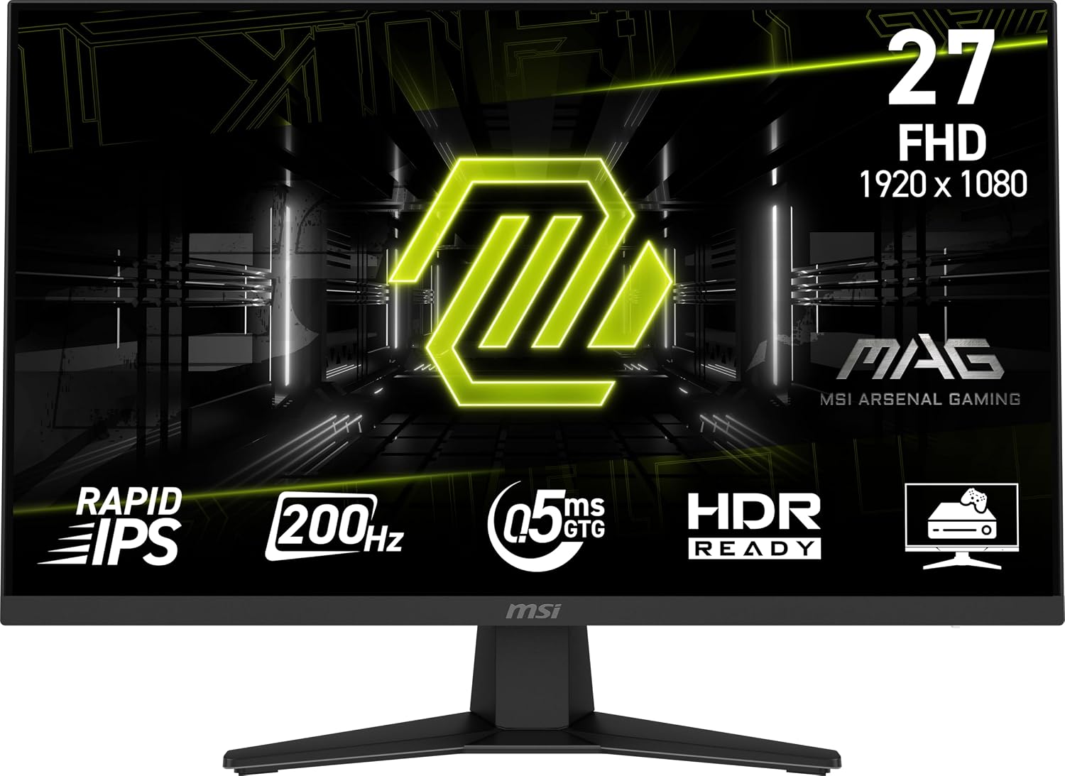 msi MAG 274F 27-inch 1920 x 1080 (FHD) Gaming Office Monitor, 200Hz, Adaptive Sync, HDR Ready, HDMI, VGA Port, VESA Mountable, Tilt, 4-Side Slim Bezel,0.5ms, Black
