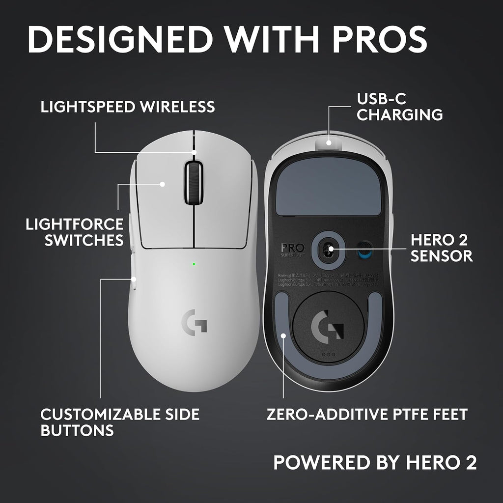 Pro X Superlight 2c Wireless Gaming Mouse: 51g Compact Mini Size, Symmetrical Shape, <8 kHz Polling, 44K DPI, PowerPlay Wireless Charging Supported, USB-C, 5 Programmable Buttons, For PC/Mac - White