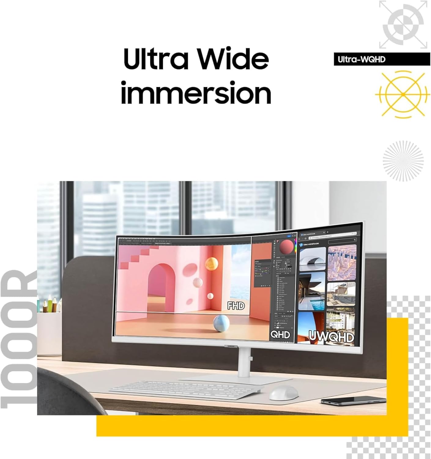Samsung 34' ViewFinity (S65TC) Series Ultra-WQHD 1000R Curved Computer Monitor, HDR10, 100Hz, AMD FreeSync, Thunderbolt 4, Height Adjustable Stand, Built-in Speakers, Eye Care, LS34C650TANXGO, 2024