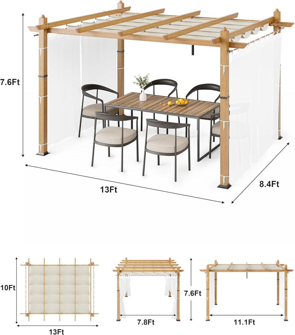 10x13 Ft Outdoor Patio Aluminum Pergola with Sun Shade Canopy & Side Mesh, Upgraded Wood-Grain Post Retractable Pergola, Modern Metal Yard Grape Trellis Gazebo for Backyard, Patio, Porch, Beige+White