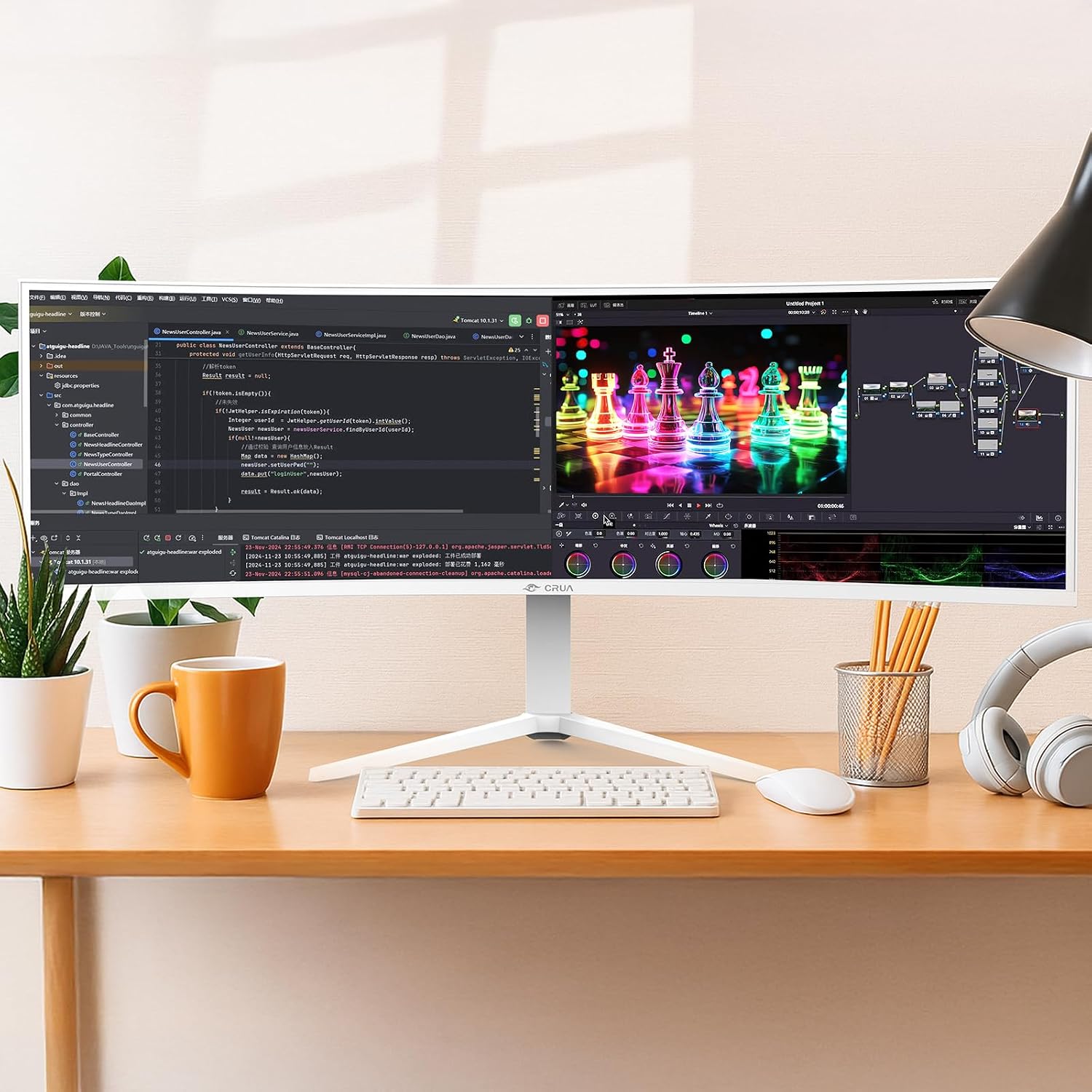 CRUA 49' White Curved Monitor | DQHD(5120 * 1440), 120Hz, 1500R, 32:9, AMD FreeSync, 120% sRGB, Height Adjustable Ultra-Wide Screen Computer Monitors, HDMI 2.1 & DP 1.4, Wall Mount Install
