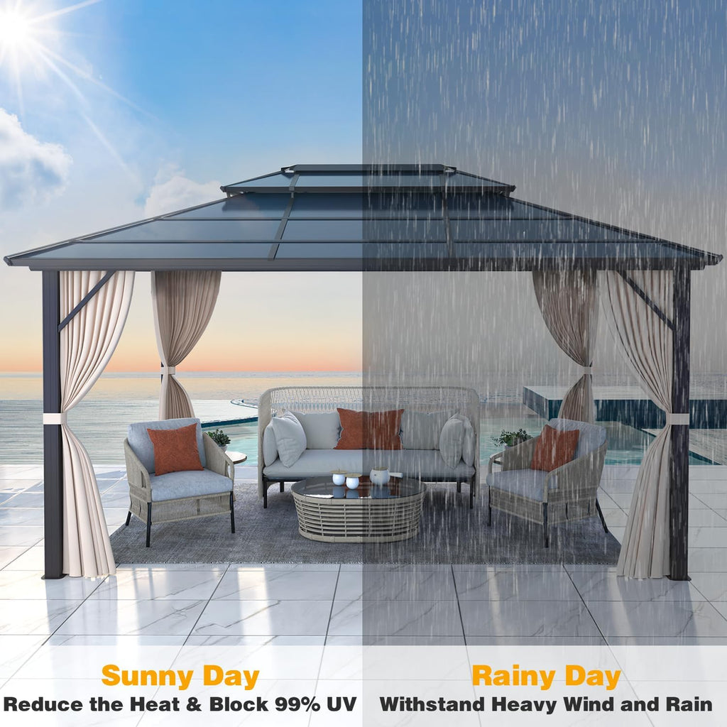 MELLCOM 10'x13' Hardtop Gazebo with Polycarbonate Double Roof, Aluminum Frame Outdoor Gazebo Permanent Pavilion with Curtains and Netting for Patio, Lawn & Garden