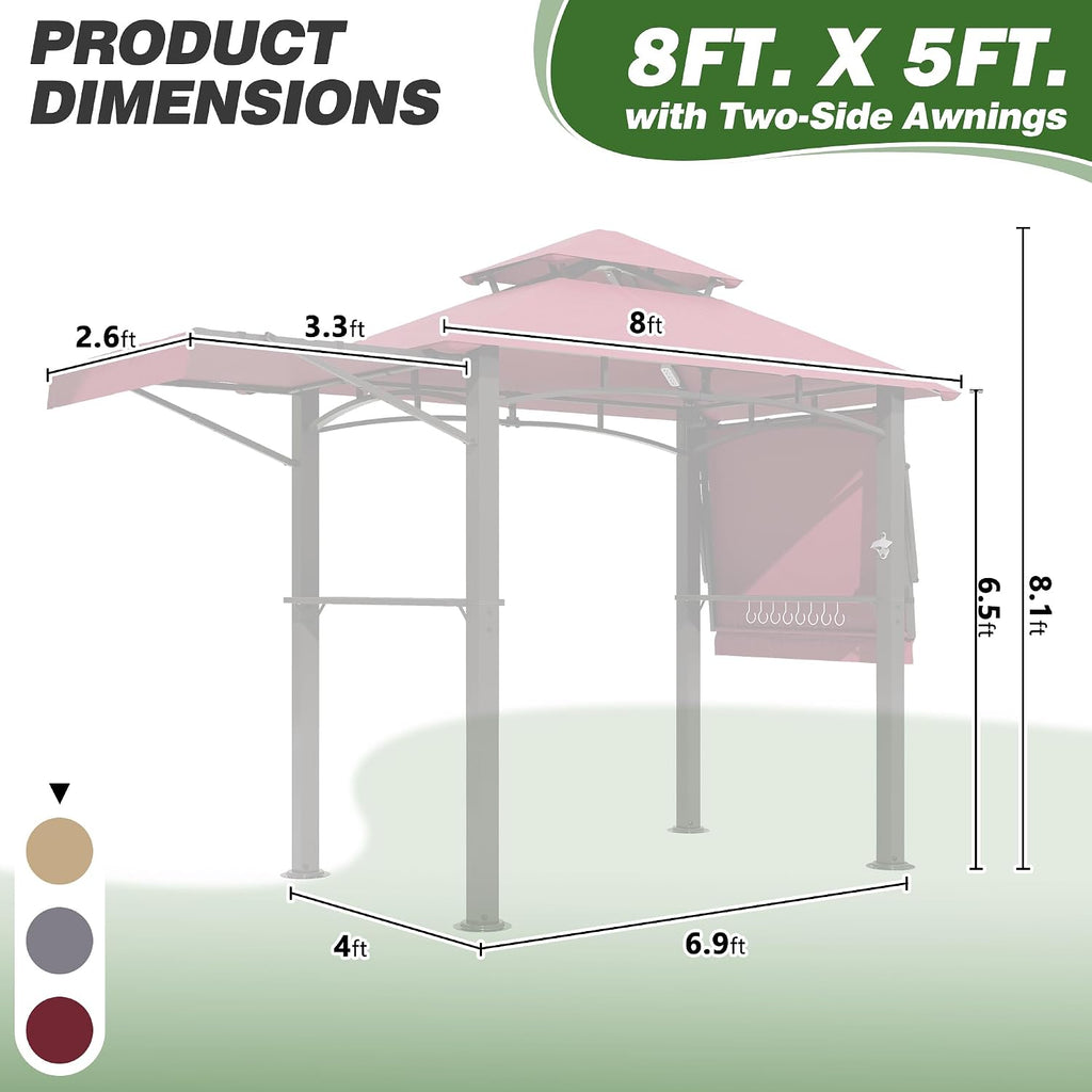 GARTOO 8'x5' Outdoor Grill Gazebo with 2 Side Awnings - Double Roof BBQ Gazebo Canopy with LED Lights and 2 Side Shelves, Patio BBQ Pergola Shelter for Garden, Porch and Backyard (Red)