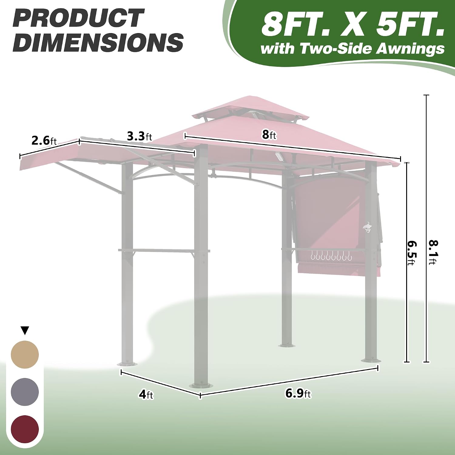 GARTOO 8'x5' Outdoor Grill Gazebo with 2 Side Awnings - Double Roof BBQ Gazebo Canopy with LED Lights and 2 Side Shelves, Patio BBQ Pergola Shelter for Garden, Porch and Backyard (Red)