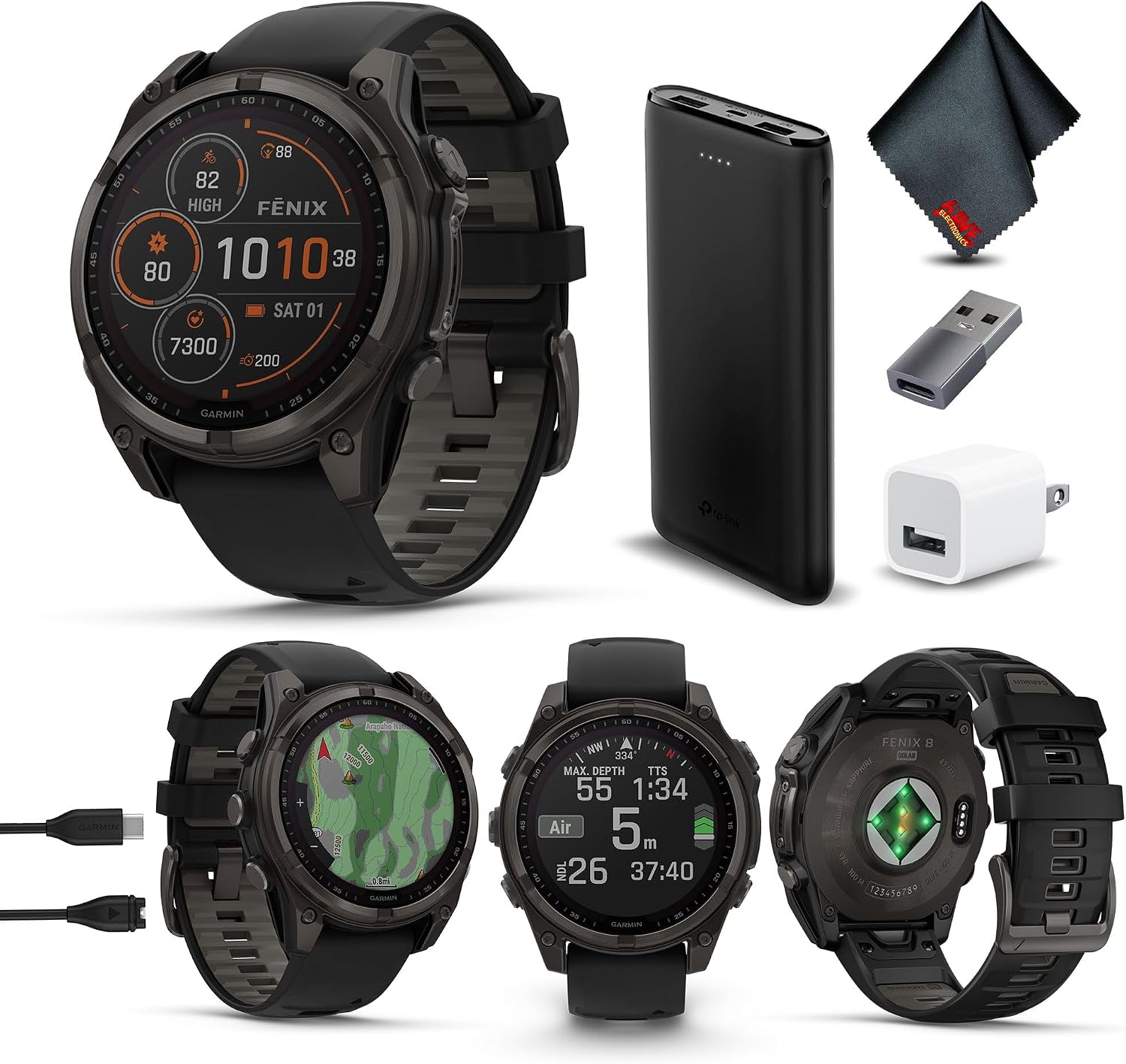 Garmin Fenix 8 47MM Solar Sapphire GPS Multisport Smartwatch Carbon Gray DLC Titanium with Black Gray Silicone Band, Built-in LED Flashlight Bundle with Accessories