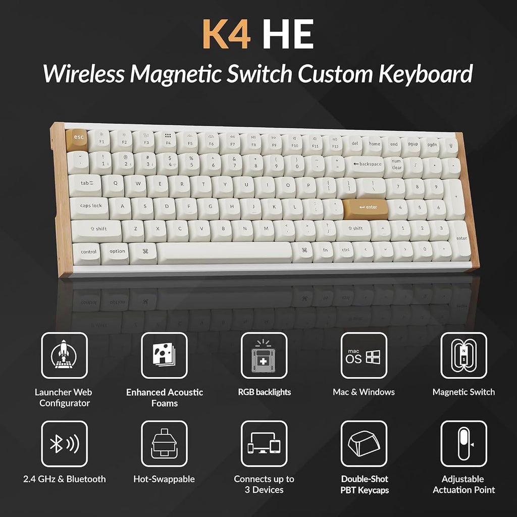 Keychron K4 HE 96% Wireless Hall Effect Keyboard with Number Pad, Rapid Trigger Magnetic Switches, QMK Launcher, 2.4GHz/Bluetooth/Wired, Mac & Windows, Wood Accent Frame, White (Non-Shine-Through)