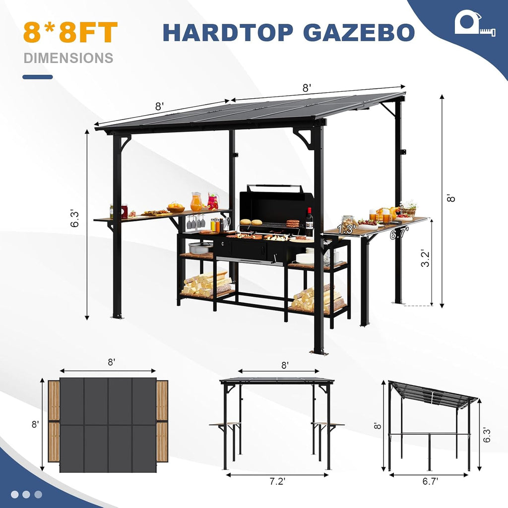 MEISSALIVVE 8' x 8' Wall Mounted Gazebo, Outdoor BBQ Grill Gazebo with Side Shelf, Lean to Metal Awnings with Sloped Roof, Heavy Duty Pergola for Backyard, Deck, Black