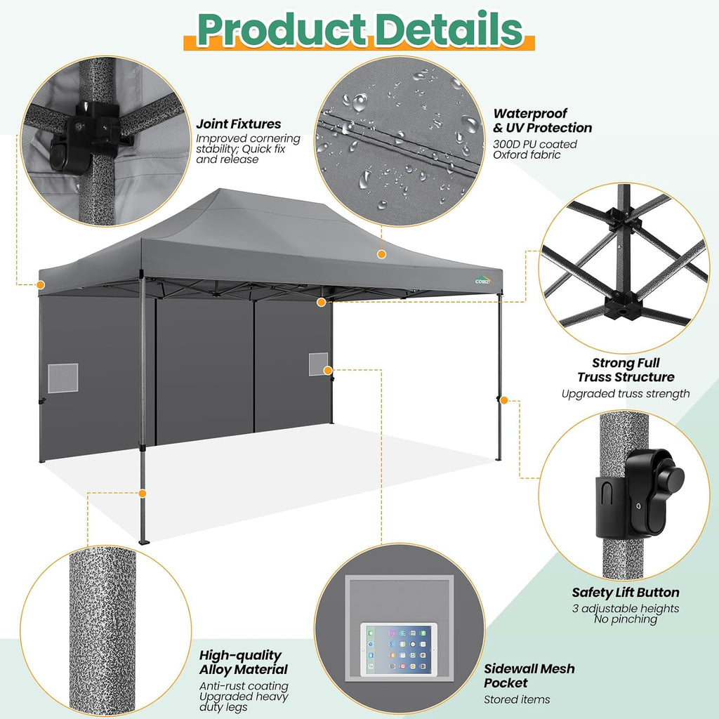COBIZI 10x15 FT Heavy Duty Pop up Canopy with 4 Removable Sidewalls, Easy up Gazebo High Stability, All Weather Sunshade 100% Waterproof Outdoor Canopy Tents with Carry Bag, Gray