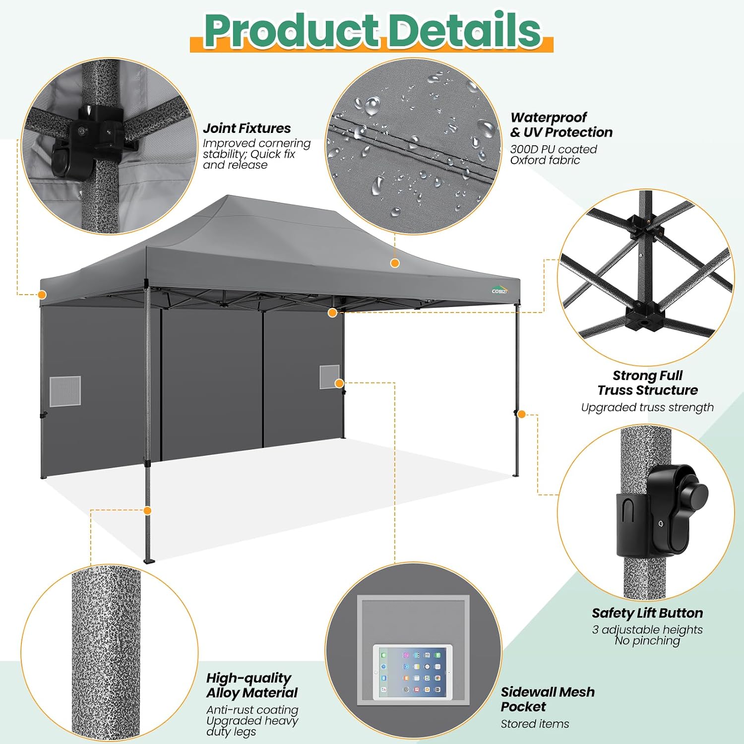 COBIZI 10x15 FT Heavy Duty Pop up Canopy with 4 Removable Sidewalls, Easy up Gazebo High Stability, All Weather Sunshade 100% Waterproof Outdoor Canopy Tents with Carry Bag, Gray