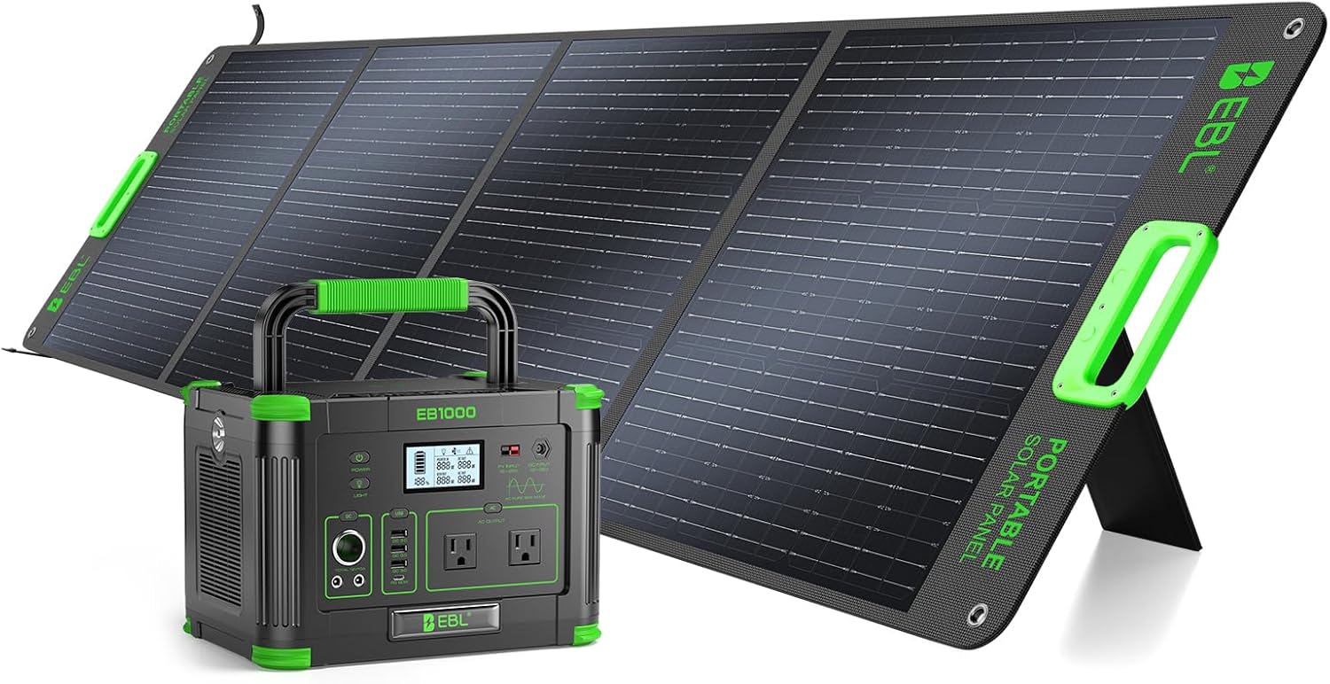 EBL 1000W Portable Power Station (Peak 2000W) with 200W Portable Solar Panel 23.5% High Efficiency Solar Panel, EBL 999Wh Solar Generator Kit for Camping, RV, Home Backup, Outdoor Adventures