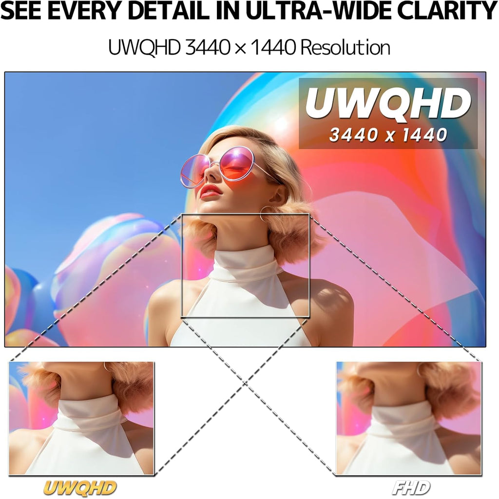 CRUA 34 Inch Ultrawide Curved Monitor, 21:9 UWQHD 3440x1440 100Hz 3800R IPS White Computer Monitors, FreeSync, Built-in Speakers, 120% sRGB, Blue Light Filter, HDMI 2.0 & DP 1.4, Wall Mountable