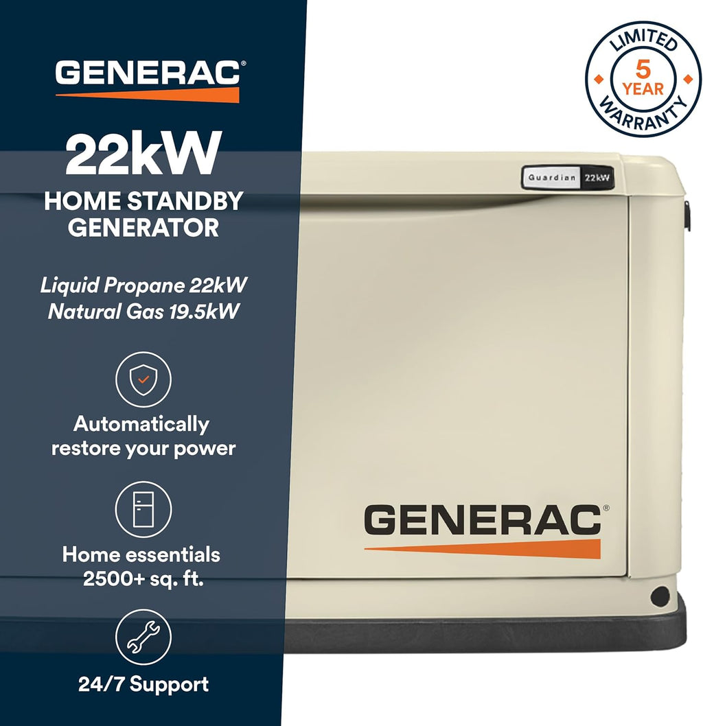 Generac Guardian 22kW Home Standby Generator with 200 Amp Transfer Switch - Automatic Whole House Backup Power for Storms, Emergencies, and Outages, WiFi Enabled, Runs on Natural Gas or Liquid Propane